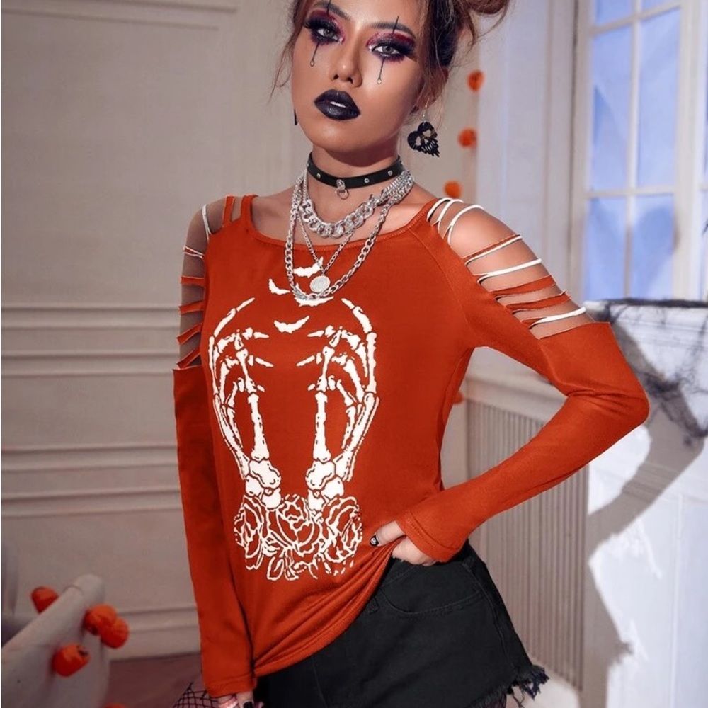 SHEIN Orange Cutout Skeleton Long Sleeve Top